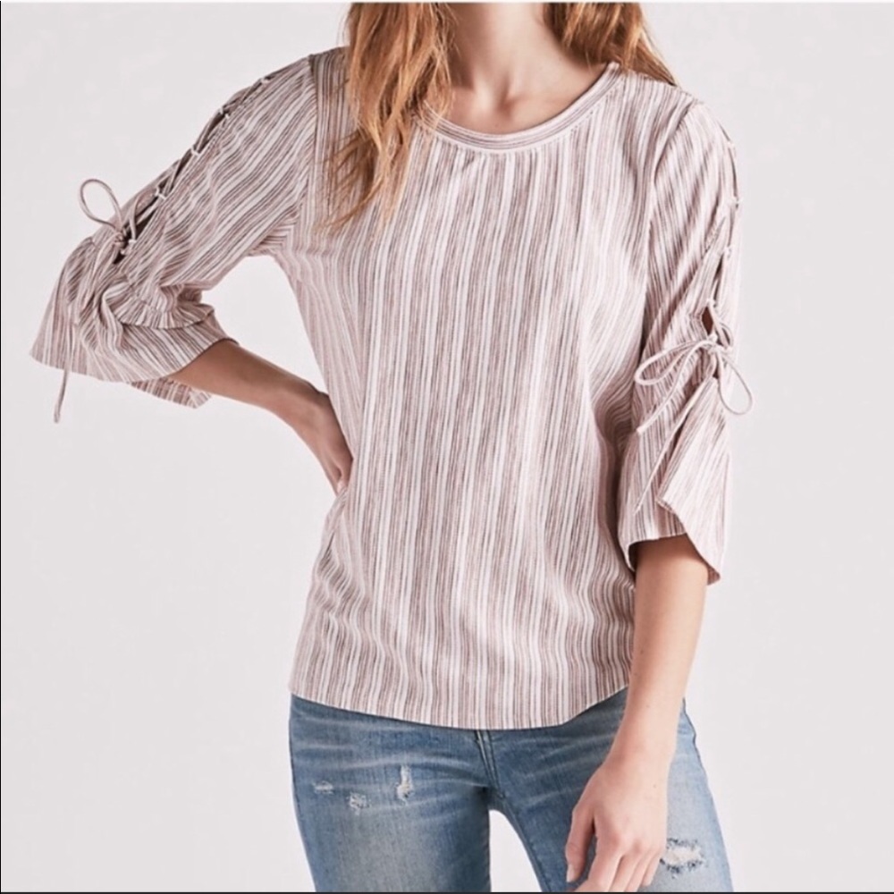 Lucky Brand White Pinstripe Tie-Up Sleeve Top